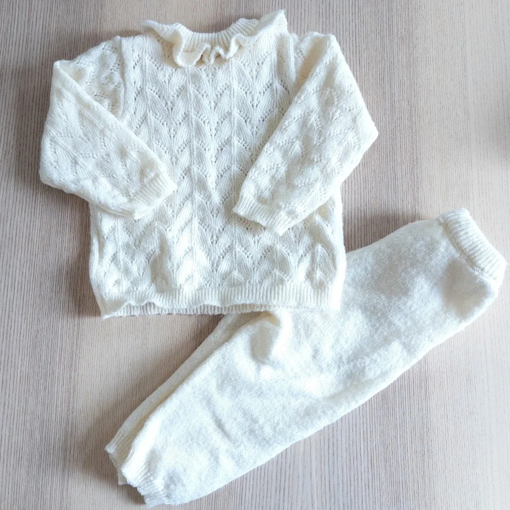 H&M Sweater Set Cream Pointelle Knit Ruffle Collar Pants Baby 6 Months